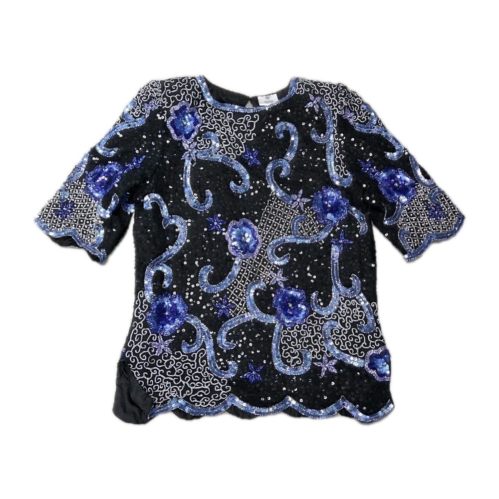 VTG Laurence Kazar New York Silk Blue Beaded Sequins Small Party Evening Top 80s